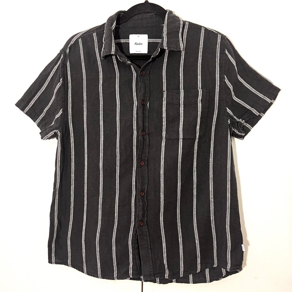 Katin Button Up Shirt Men S Charcoal Grey Striped Linen Cotton Gorpcore Preppy